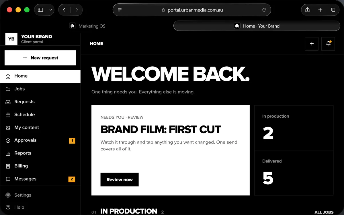 The Urban Media client portal's Home screen: a brand film first cut waiting for review, jobs in production and delivered, with sample data