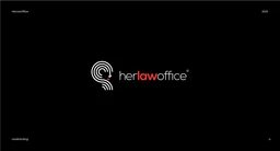 Logo slide for herlawoffice, a white swirl mark and wordmark on black