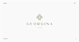 Logo slide for Georgina, a small floral mark above spaced lettering on white