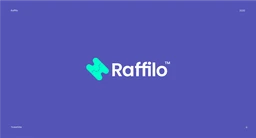 Logo slide for Raffilo, a teal mark and white wordmark on purple