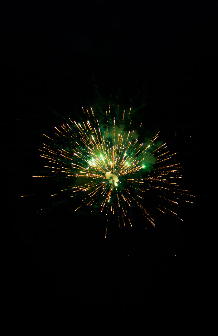 A single gold and green burst high in the night sky