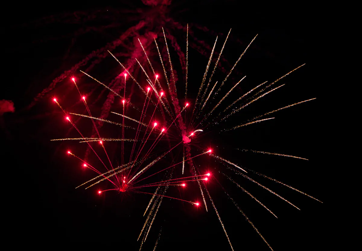 A red firework opening on the left of a gold one.