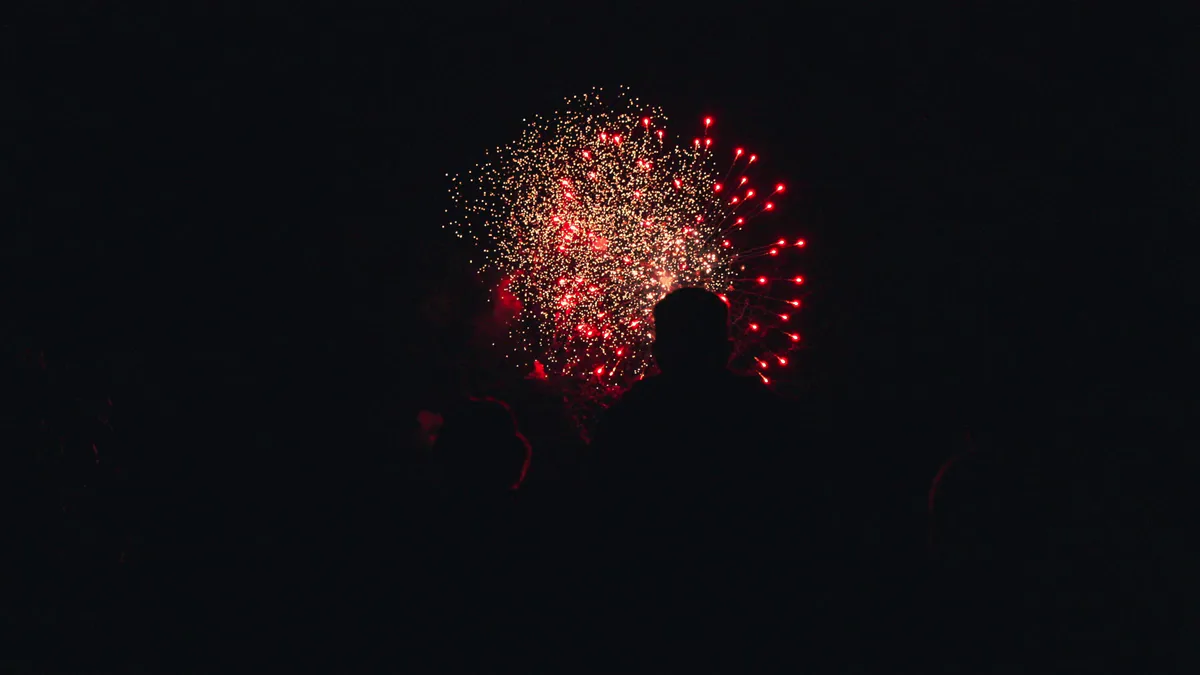 Two people watch a gold and red burst open over them.