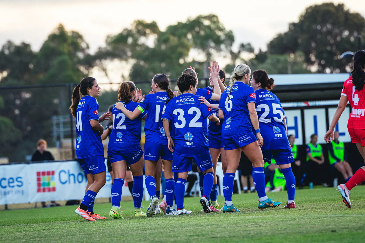 Box Hill United players gathered in celebration in front of the stand.