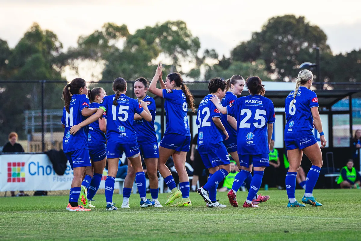 Box Hill United players in blue gathered celebrating in front of the stand.