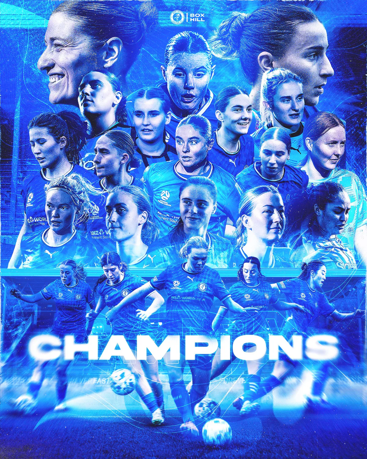 Box Hill United 2025 champions graphic in electric blue: the senior women's squad as a collage of portraits above players on the ball, the word Champions across the bottom.