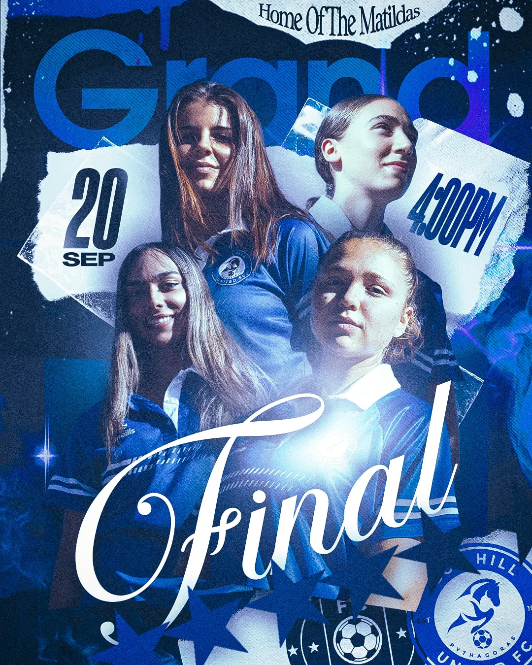 Box Hill United grand final graphic in torn-paper blue collage. Four players look out from the middle, Grand Final is set in script across them, with 20 Sep, 4:00pm and Home of the Matildas around the edges.