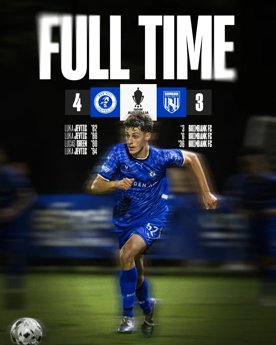 Box Hill United FULL TIME graphic for the men's seniors, round one, 2025: the score across the top and a player in blue on the ball.