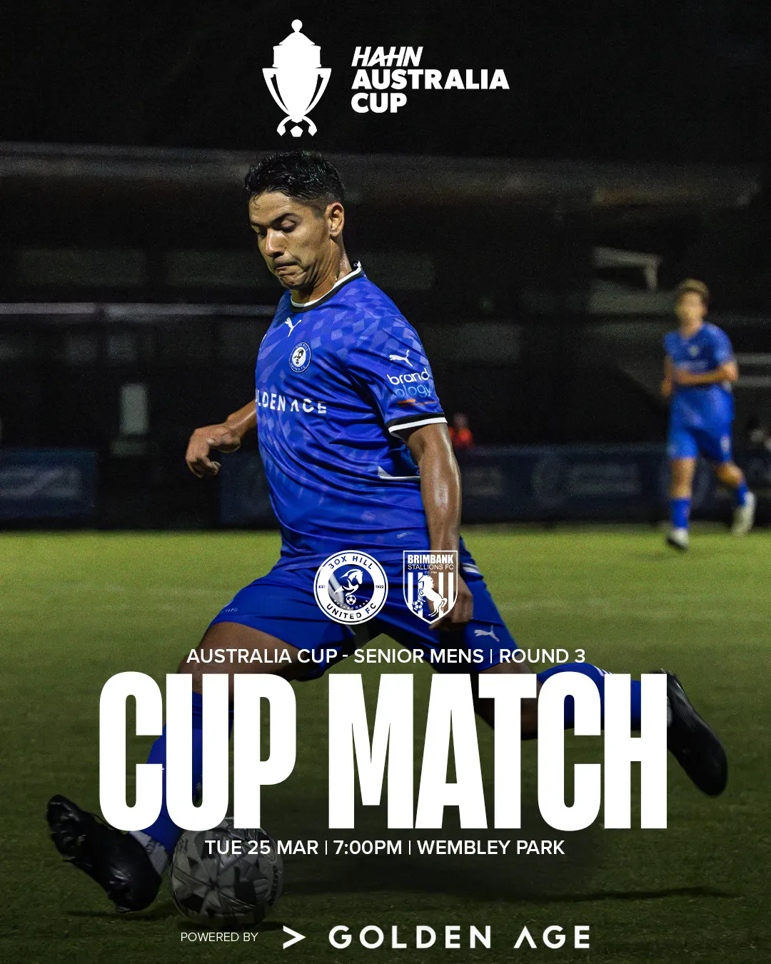 Box Hill United CUP MATCH graphic for the men's seniors, round one, 2025: a player in blue over the word Cup Match.