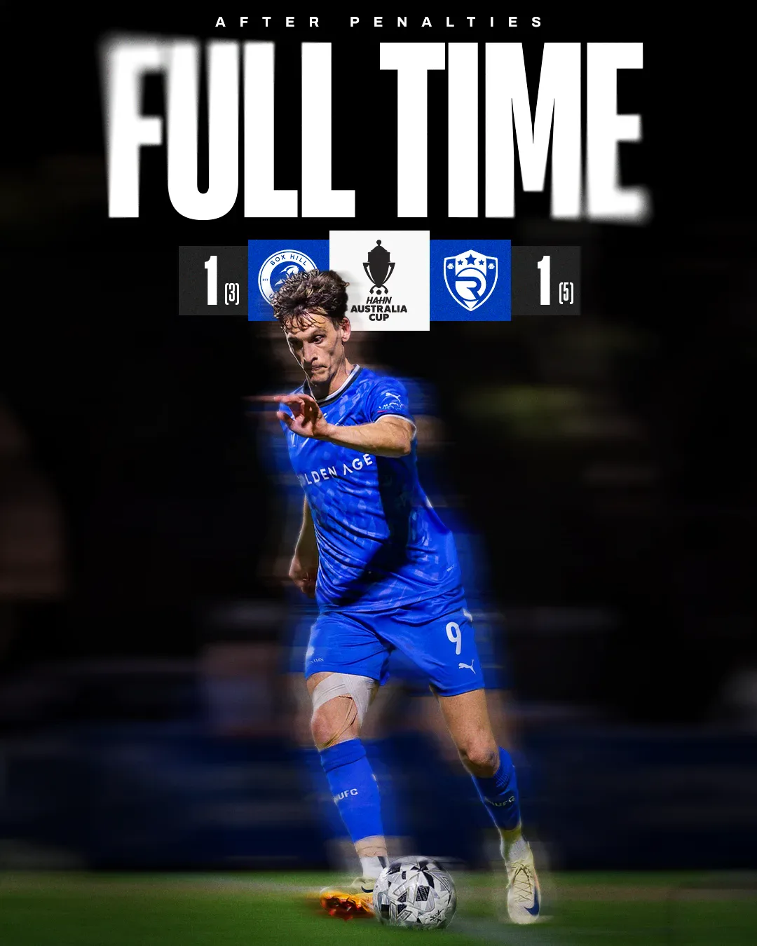 Box Hill United FULL TIME graphic for the men's seniors, round two, 2025: the score across the top and a player in blue on the ball.
