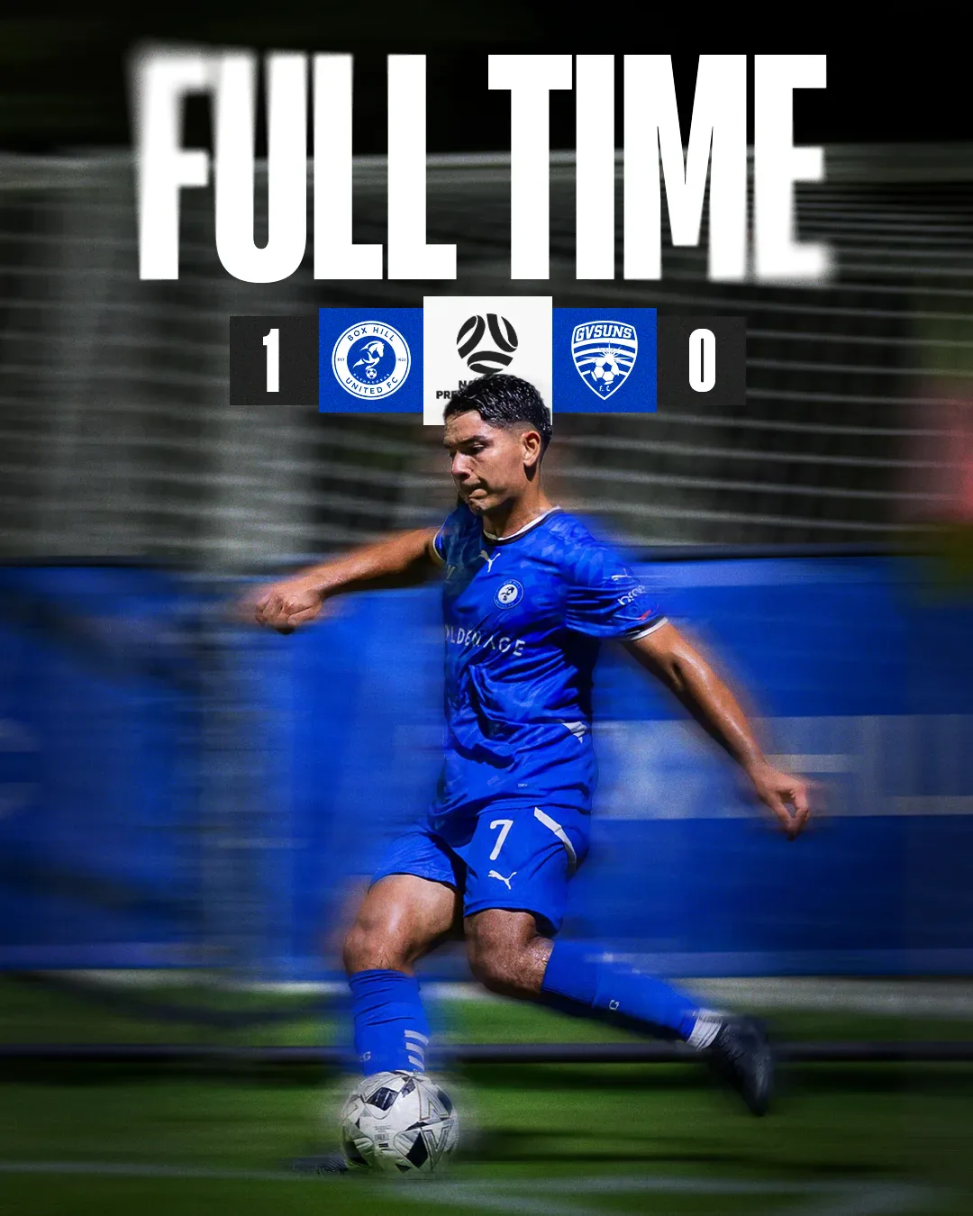 Box Hill United FULL TIME graphic for the men's seniors, round ten, 2025: the score across the top and a player in blue on the ball.