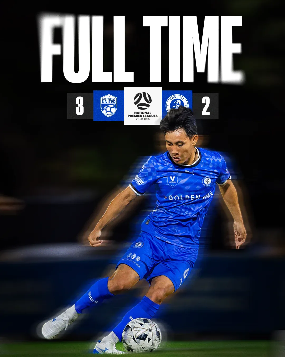 Box Hill United FULL TIME graphic for the men's seniors, round eleven, 2025: the score across the top and a player in blue on the ball.