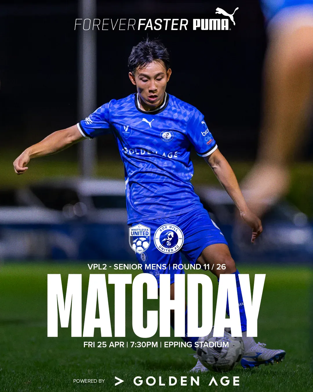 Box Hill United MATCHDAY graphic for the men's seniors, round eleven, 2025: a player in blue over the word Matchday.