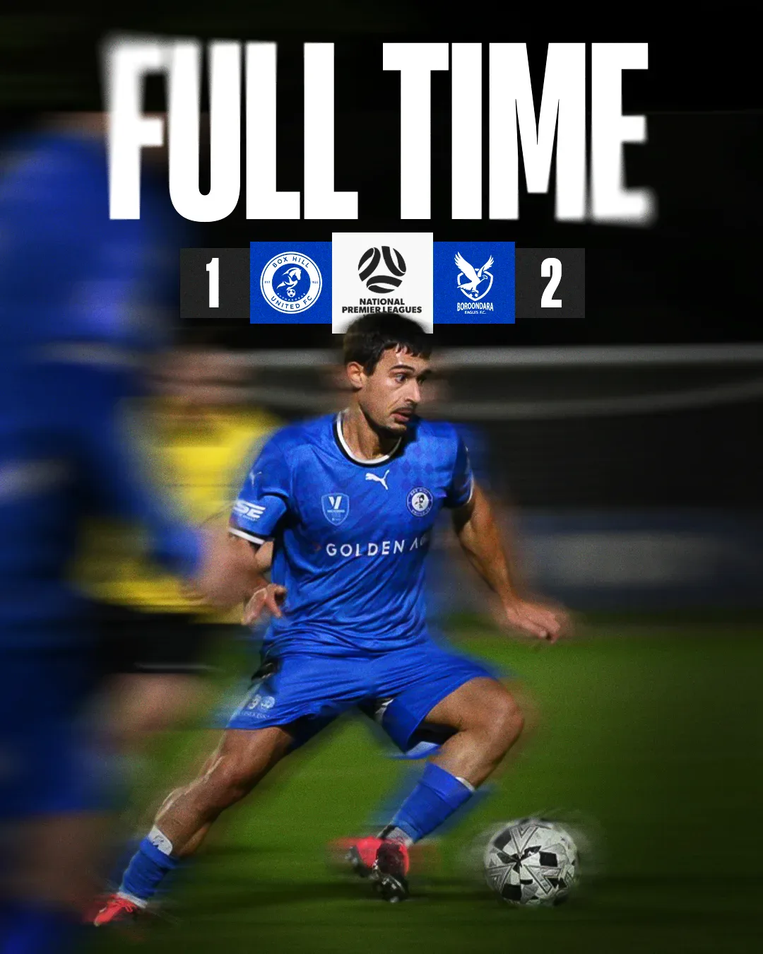Box Hill United FULL TIME graphic for the men's seniors, round twelve, 2025: the score across the top and a player in blue on the ball.