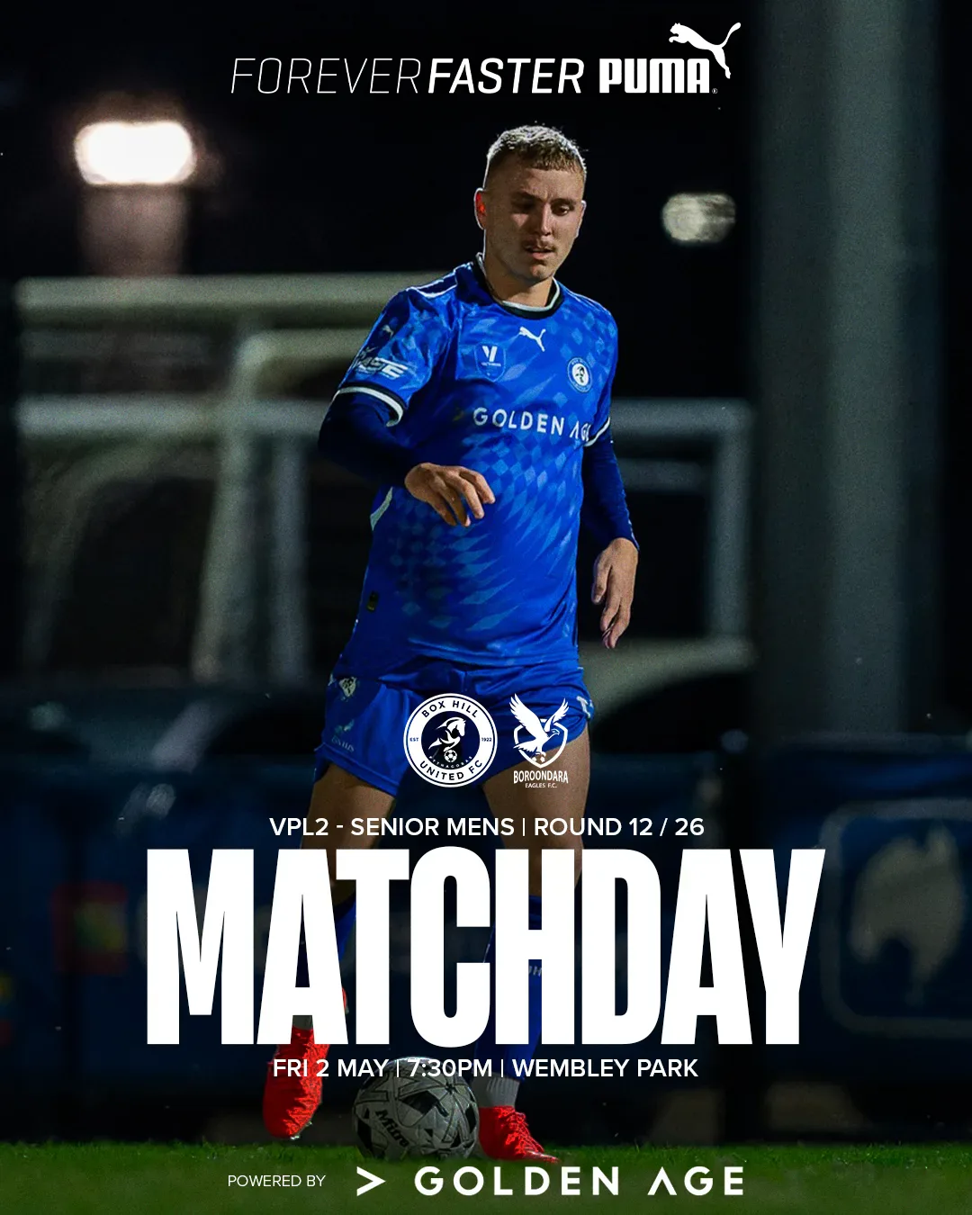 Box Hill United MATCHDAY graphic for the men's seniors, round twelve, 2025: a player in blue over the word Matchday.