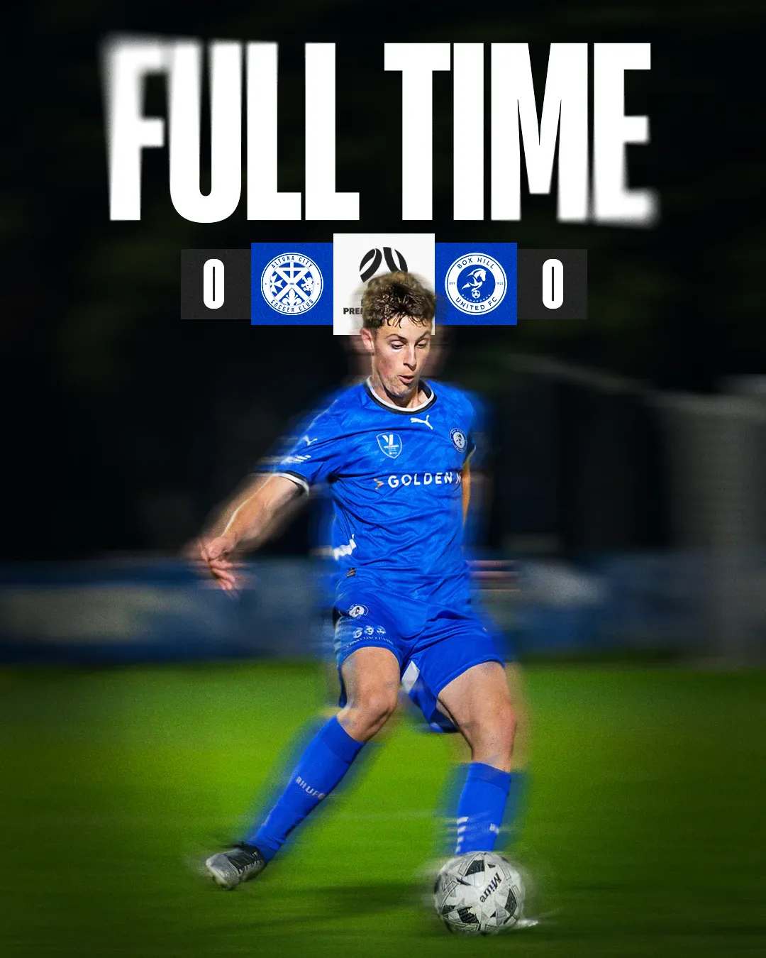 Box Hill United FULL TIME graphic for the men's seniors, round thirteen, 2025: the score across the top and a player in blue on the ball.