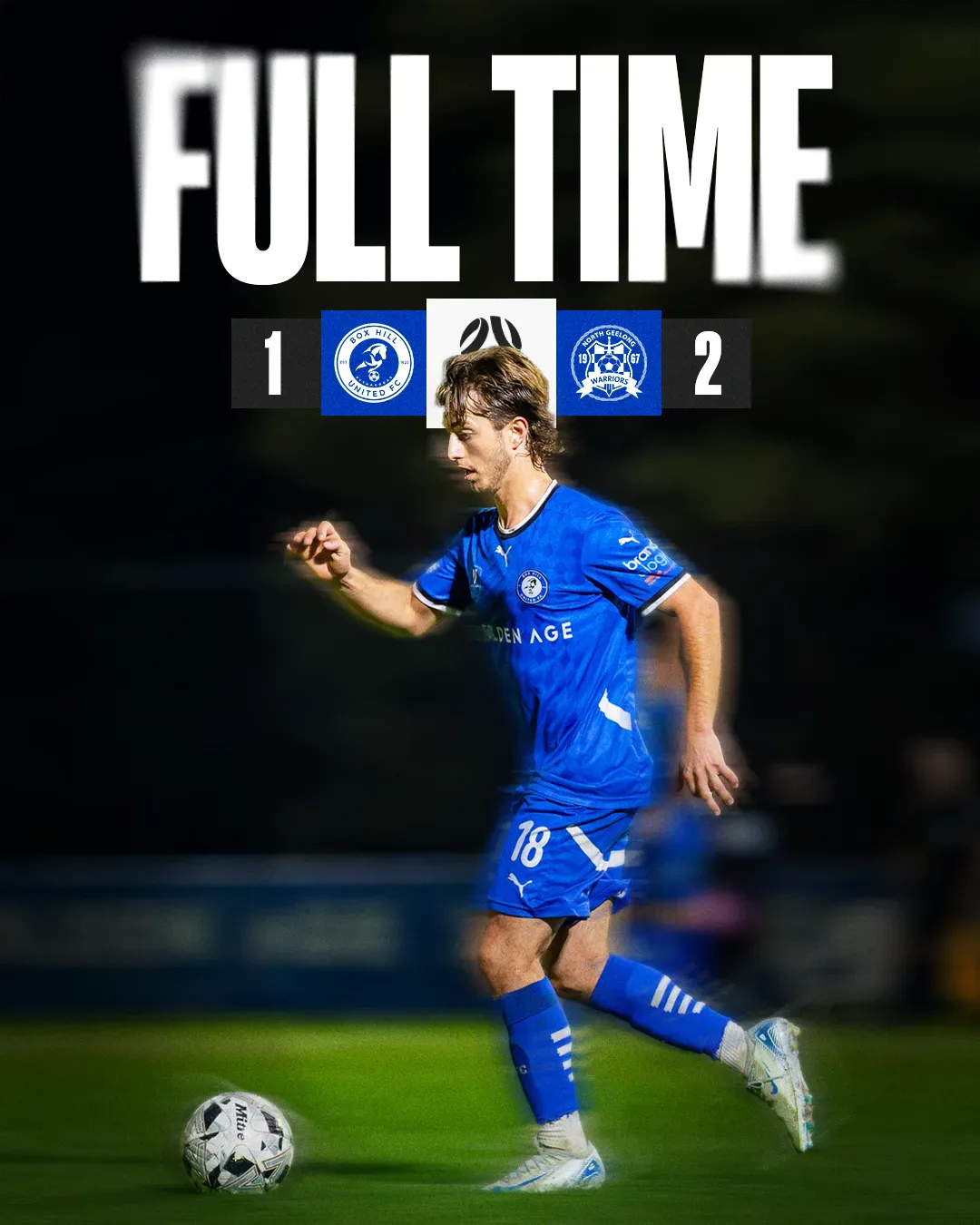 Box Hill United FULL TIME graphic for the men's seniors, round fifteen, 2025: the score across the top and a player in blue on the ball.