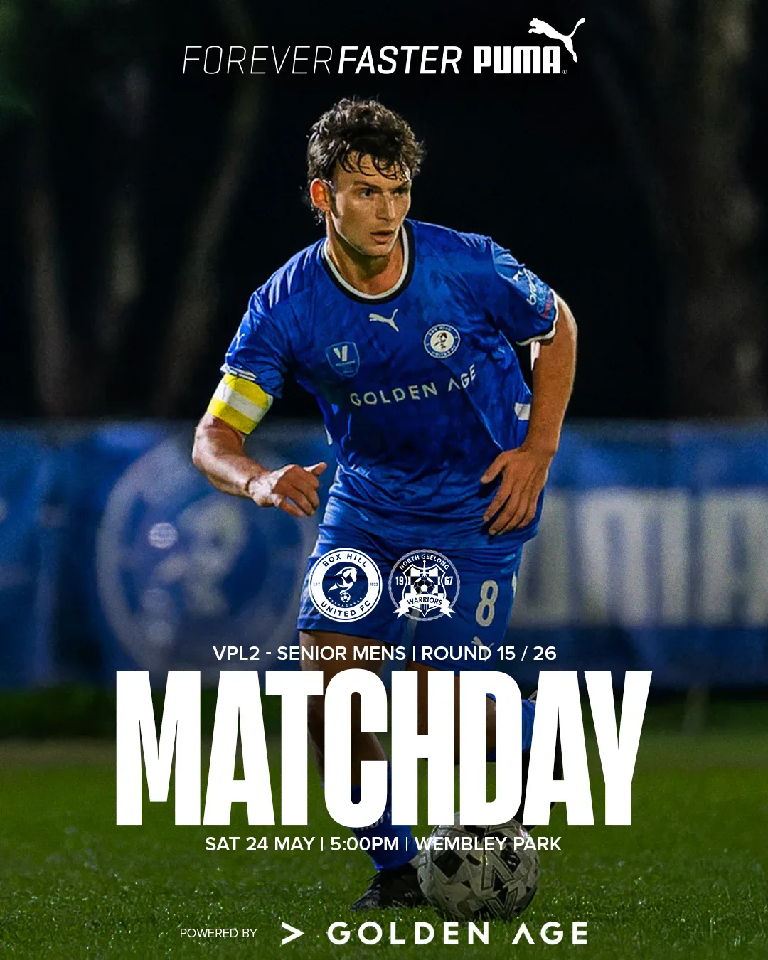 Box Hill United MATCHDAY graphic for the men's seniors, round fifteen, 2025: a player in blue over the word Matchday.