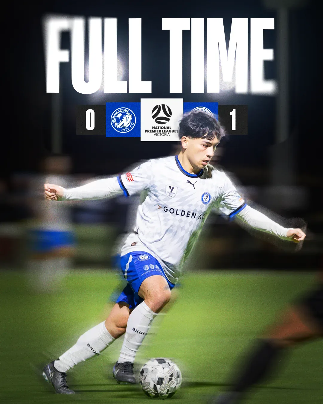Box Hill United FULL TIME graphic for the men's seniors, round sixteen, 2025: the score across the top and a player in blue on the ball.