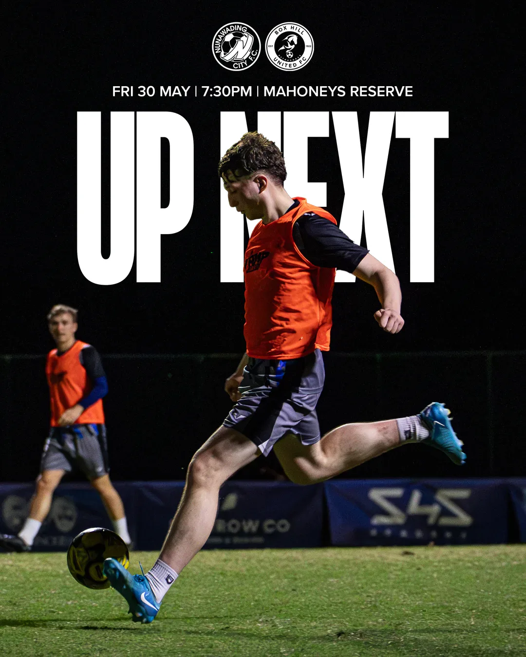 Box Hill United UP NEXT graphic for the men's seniors, round sixteen, 2025: a player in training bib on the ball under huge type.