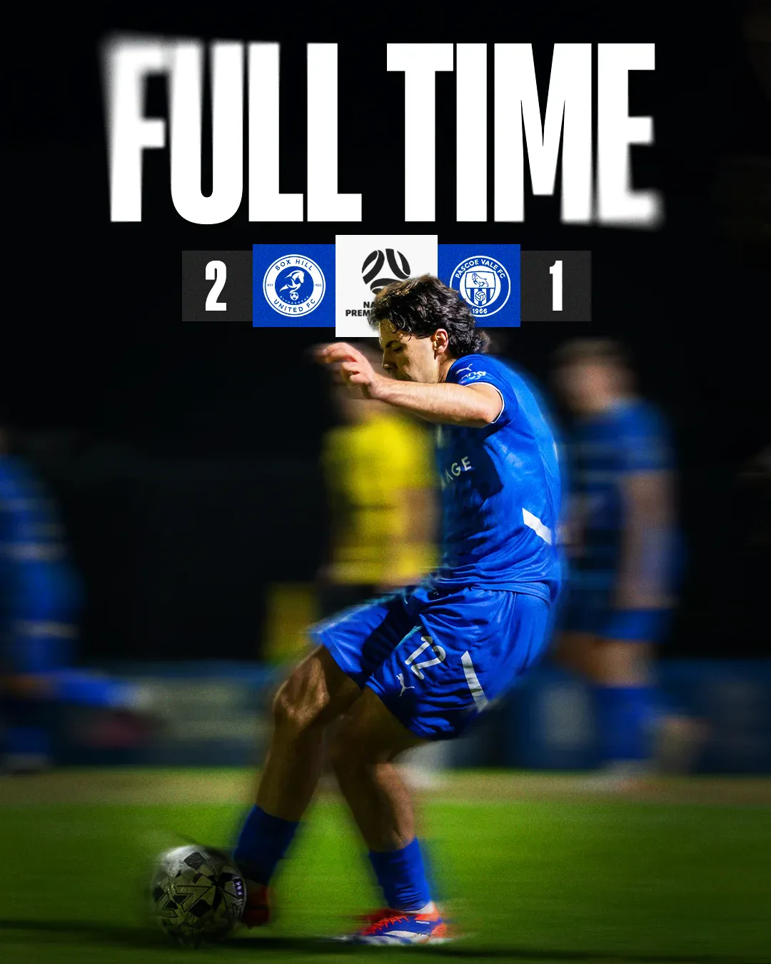 Box Hill United FULL TIME graphic for the men's seniors, round seventeen, 2025: the score across the top and a player in blue on the ball.
