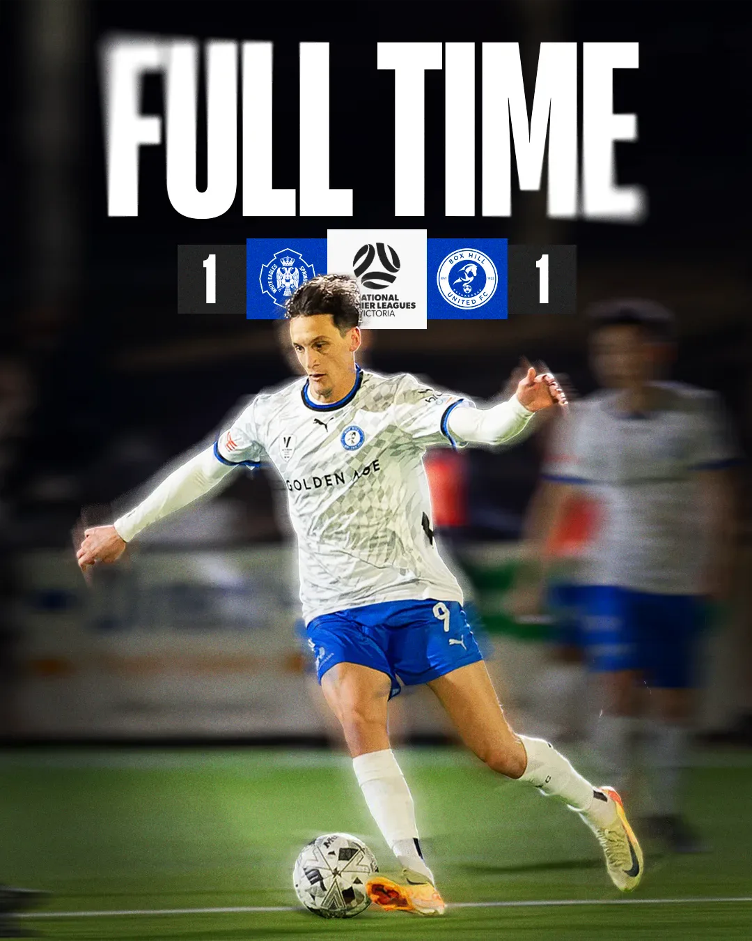 Box Hill United FULL TIME graphic for the men's seniors, round eighteen, 2025: the score across the top and a player in blue on the ball.