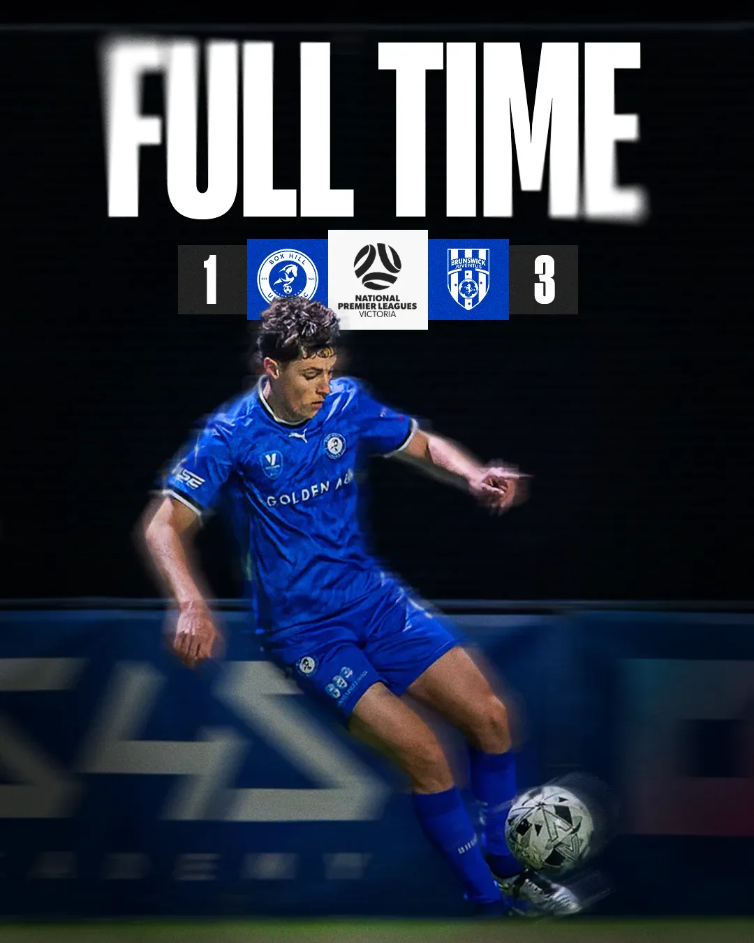 Box Hill United FULL TIME graphic for the men's seniors, round nineteen, 2025: the score across the top and a player in blue on the ball.