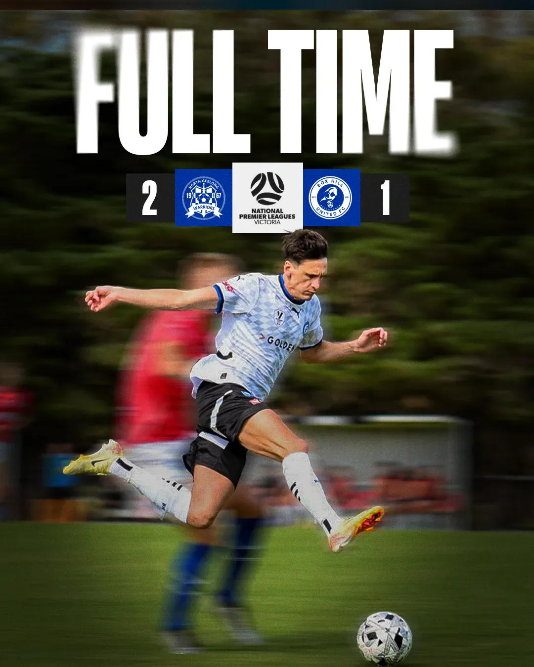 Box Hill United FULL TIME graphic for the men's seniors, round two, 2025: the score across the top and a player in blue on the ball.