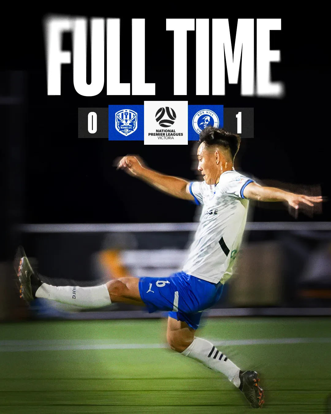 Box Hill United FULL TIME graphic for the men's seniors, round twenty one, 2025: the score across the top and a player in blue on the ball.