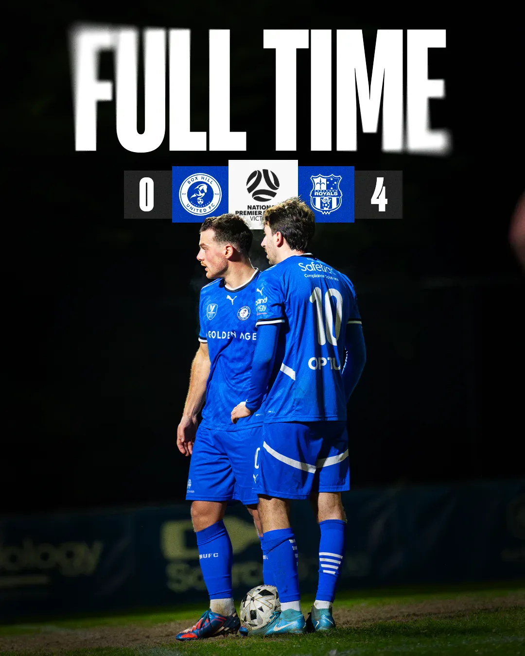 Box Hill United FULL TIME graphic for the men's seniors, round twenty two, 2025: the score across the top and a player in blue on the ball.