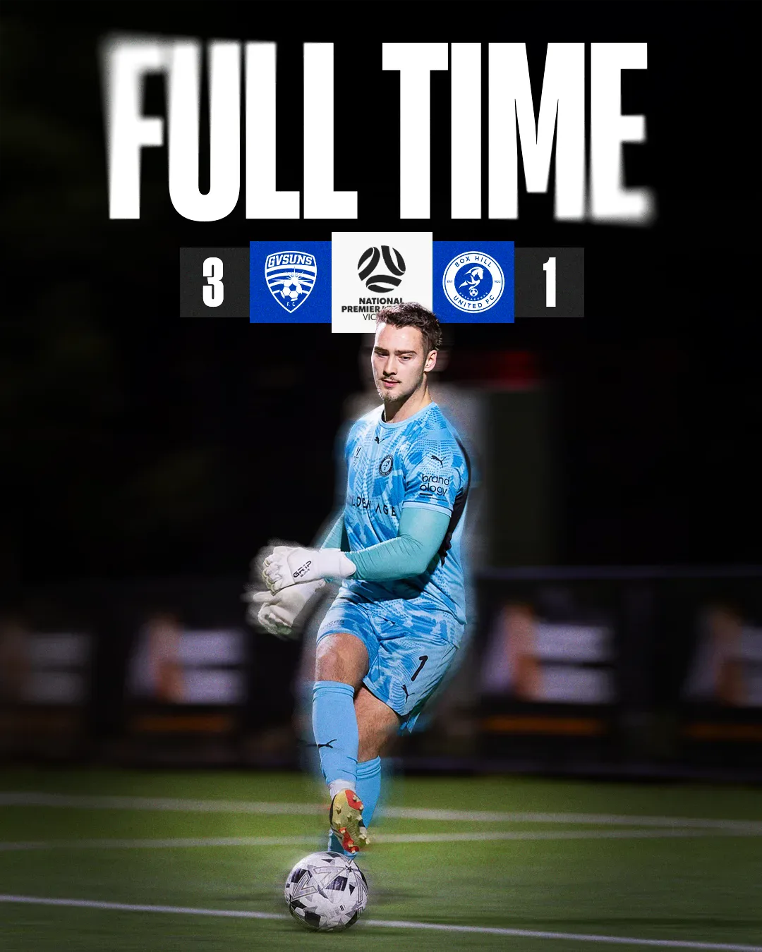 Box Hill United FULL TIME graphic for the men's seniors, round twenty three, 2025: the score across the top and a player in blue on the ball.