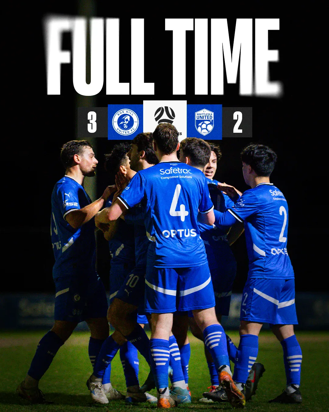 Box Hill United FULL TIME graphic for the men's seniors, round twenty four, 2025: the score across the top and a player in blue on the ball.