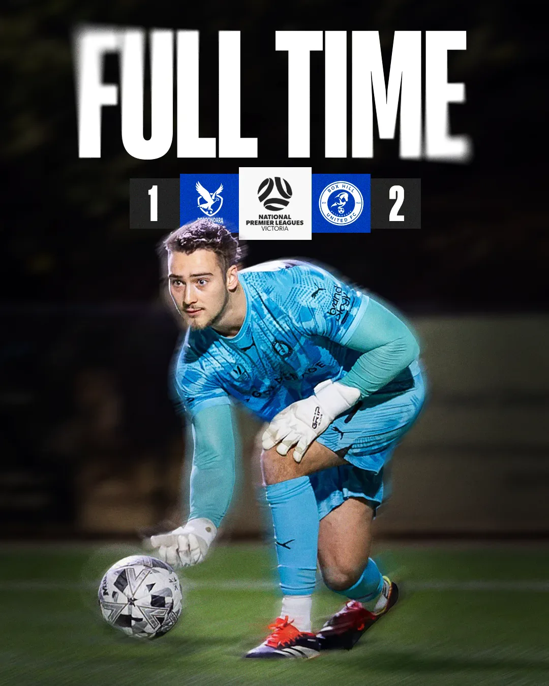 Box Hill United FULL TIME graphic for the men's seniors, round twenty five, 2025: the score across the top and a player in blue on the ball.