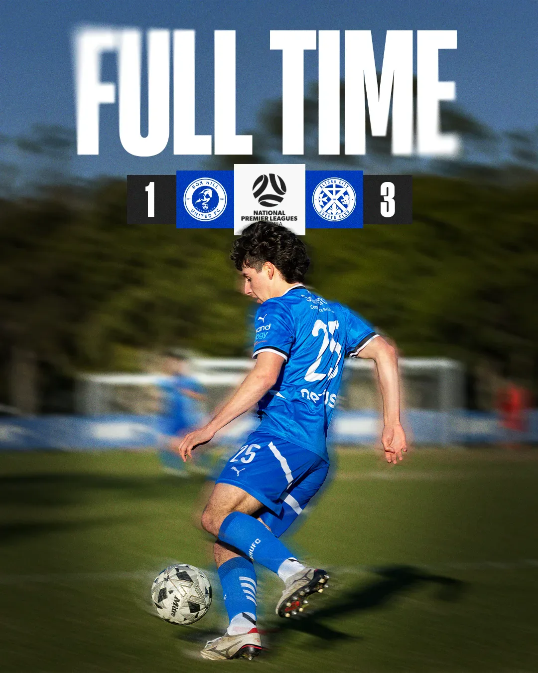 Box Hill United FULL TIME graphic for the men's seniors, round twenty six, 2025: the score across the top and a player in blue on the ball.