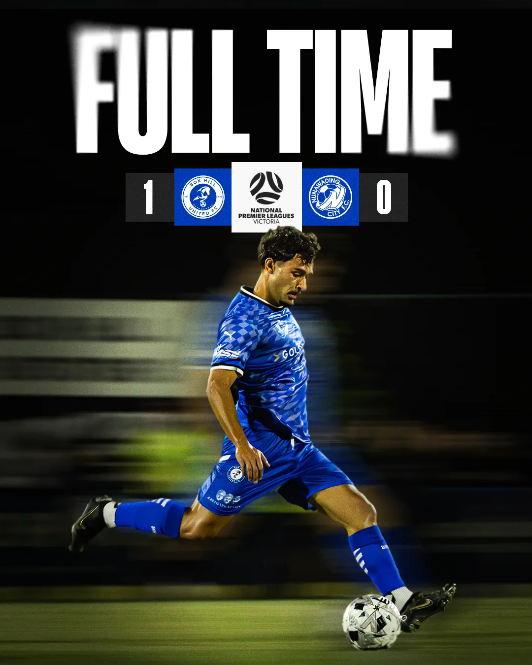 Box Hill United FULL TIME graphic for the men's seniors, round three, 2025: the score across the top and a player in blue on the ball.