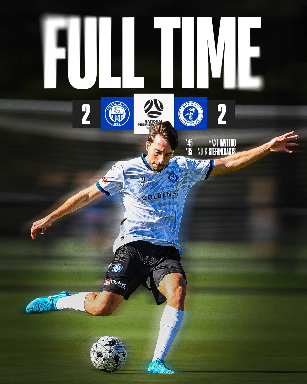 Box Hill United FULL TIME graphic for the men's seniors, round four, 2025: the score across the top and a player in blue on the ball.