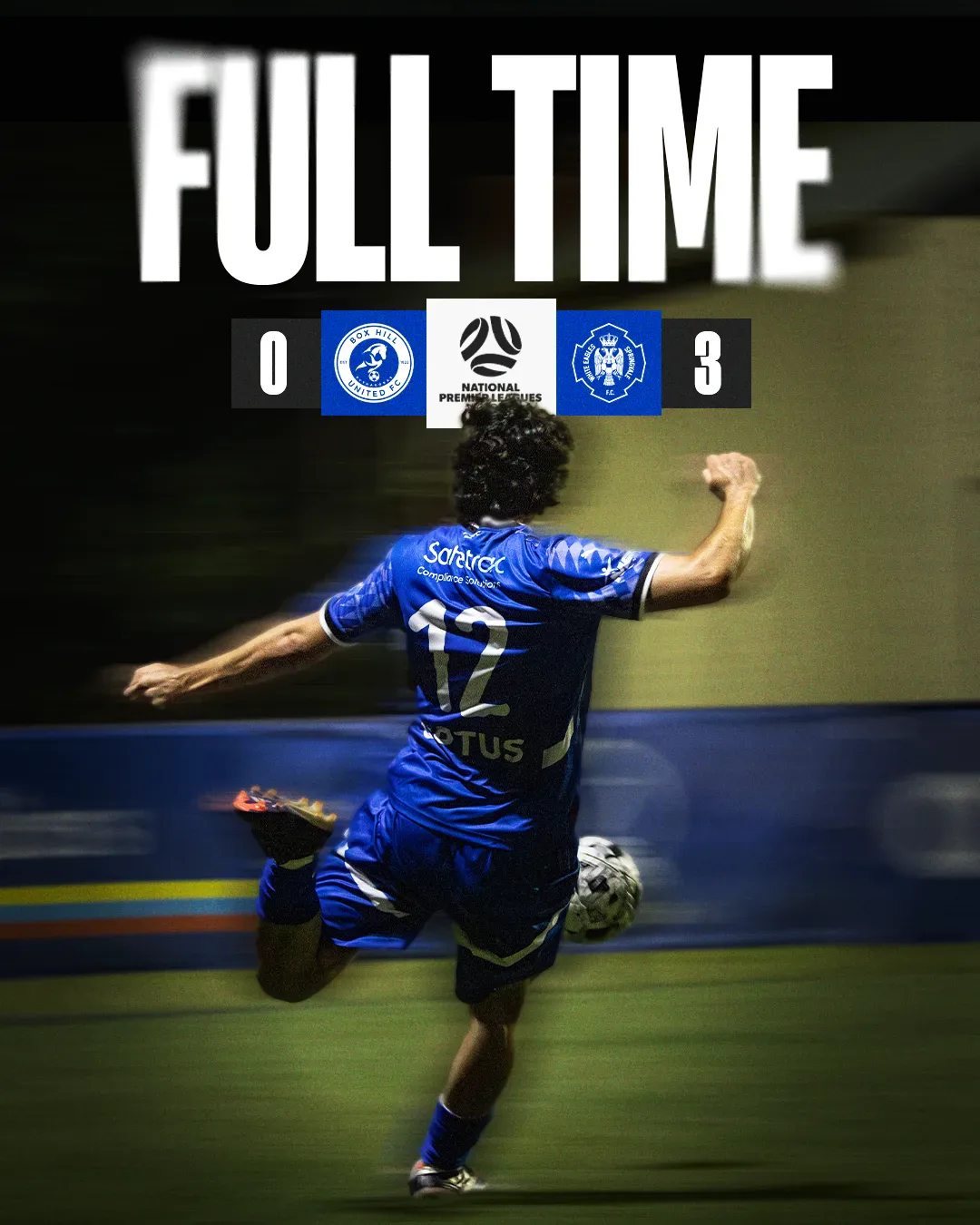 Box Hill United FULL TIME graphic for the men's seniors, round five, 2025: the score across the top and a player in blue on the ball.