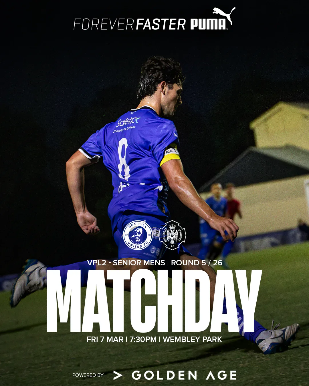 Box Hill United MATCHDAY graphic for the men's seniors, round five, 2025: a player in blue over the word Matchday.