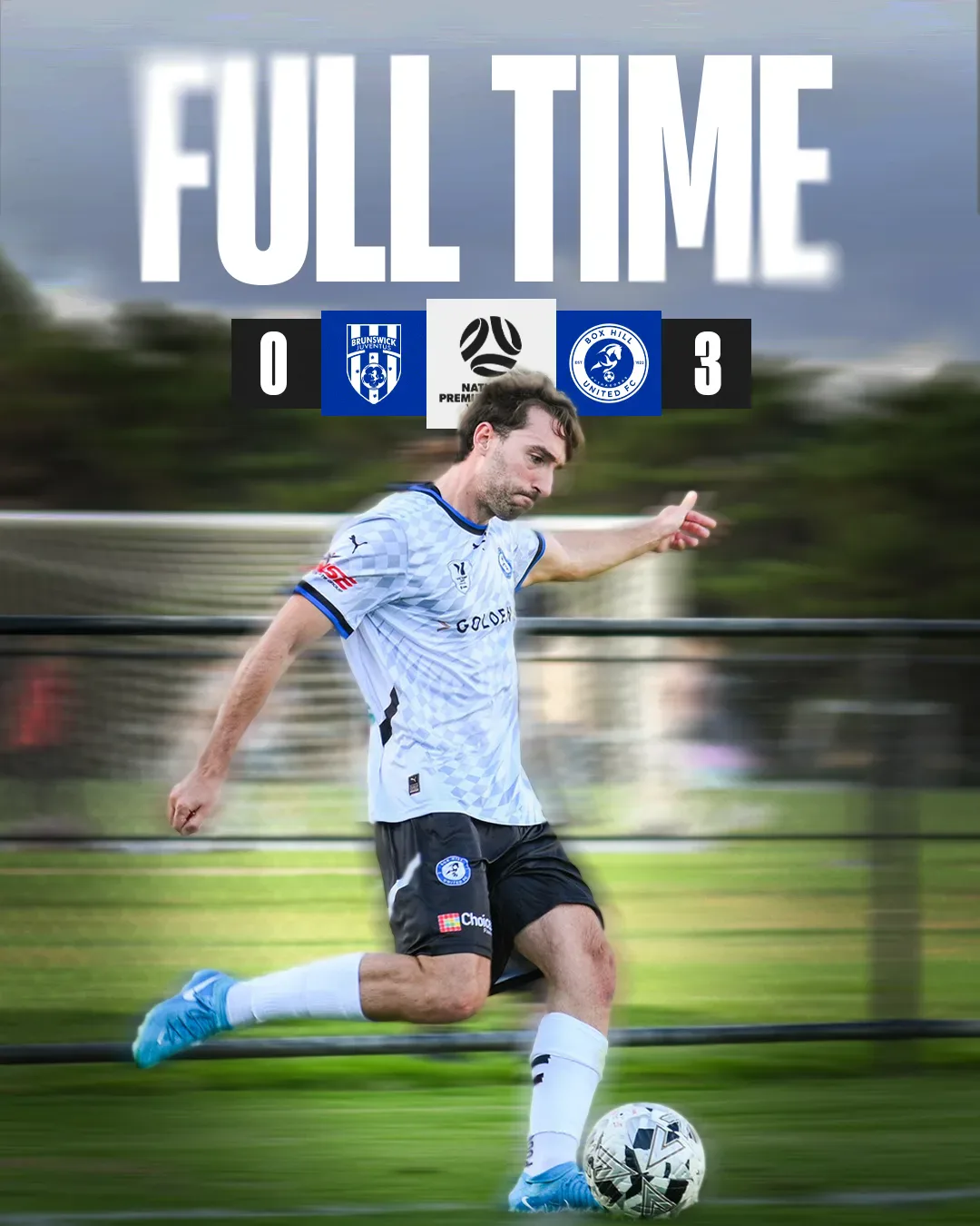 Box Hill United FULL TIME graphic for the men's seniors, round six, 2025: the score across the top and a player in blue on the ball.