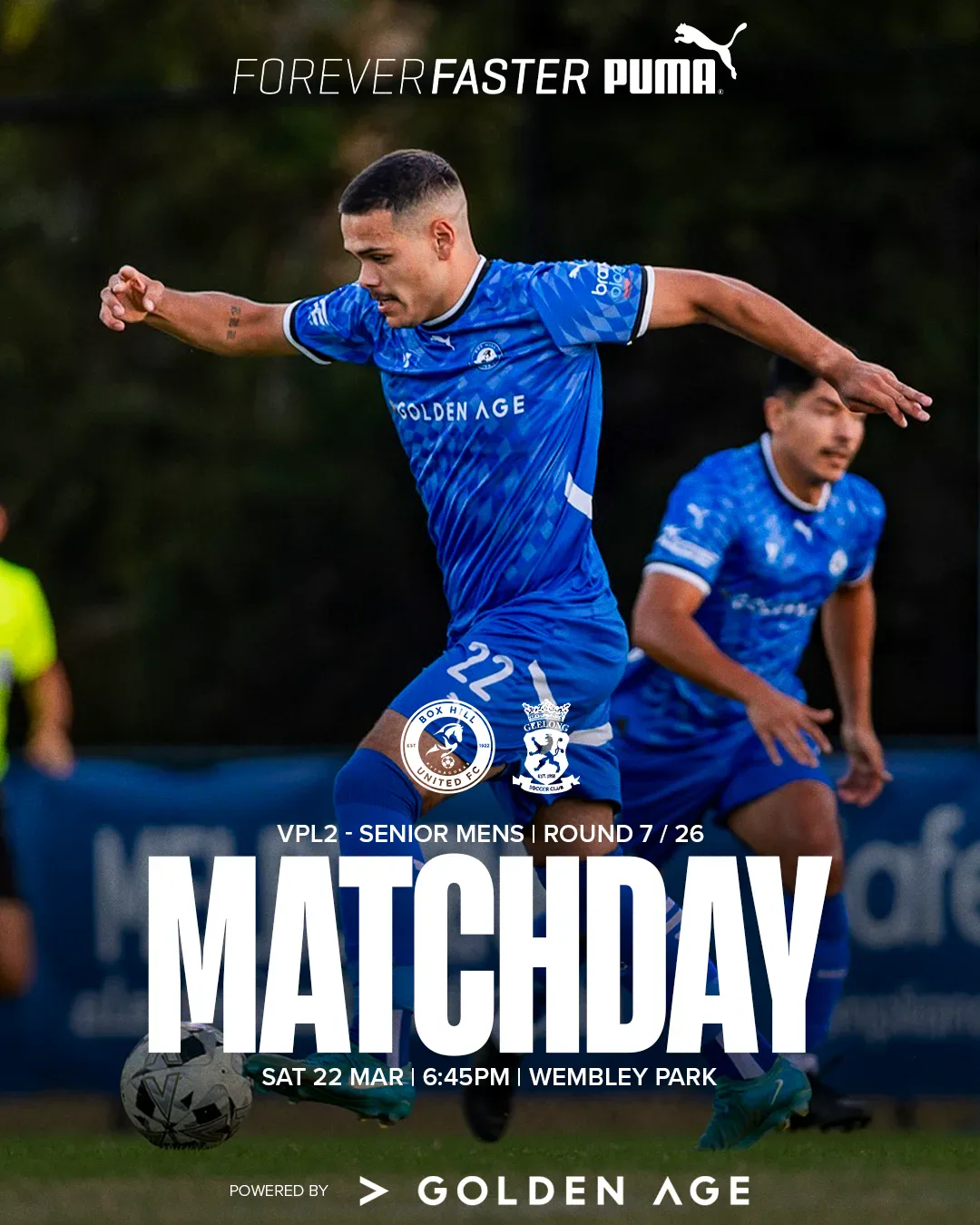 Box Hill United MATCHDAY graphic for the men's seniors, round seven, 2025: a player in blue over the word Matchday.