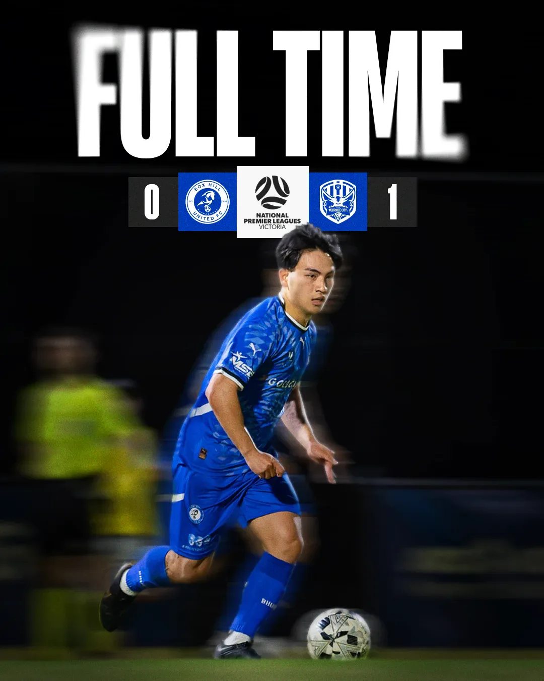 Box Hill United FULL TIME graphic for the men's seniors, round eight, 2025: the score across the top and a player in blue on the ball.