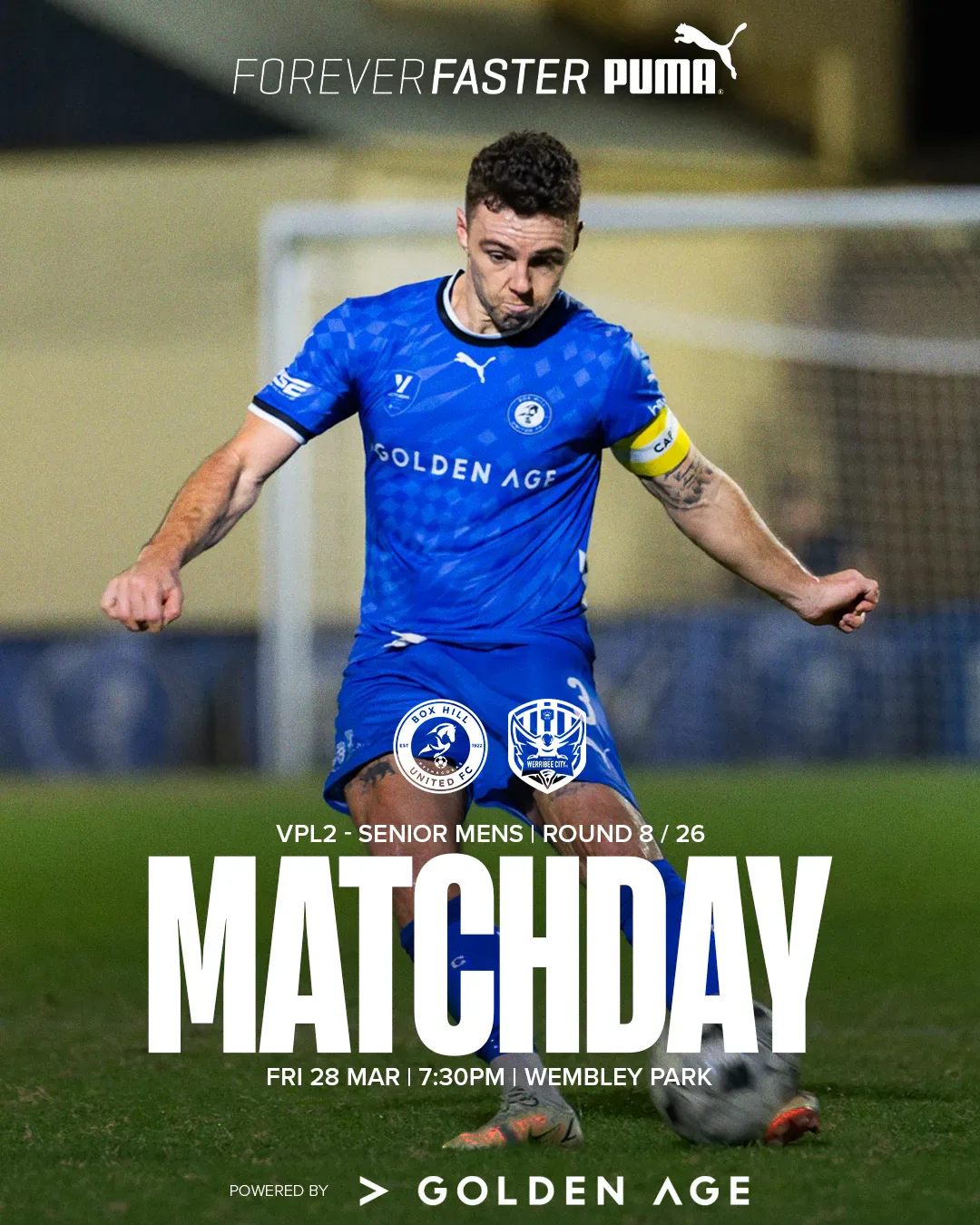 Box Hill United MATCHDAY graphic for the men's seniors, round eight, 2025: a player in blue over the word Matchday.