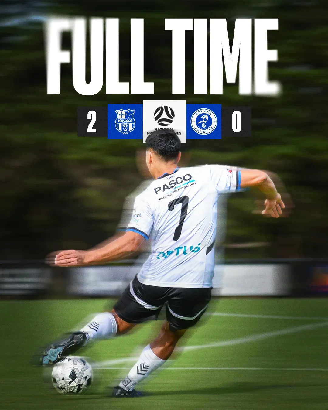 Box Hill United FULL TIME graphic for the men's seniors, round nine, 2025: the score across the top and a player in blue on the ball.