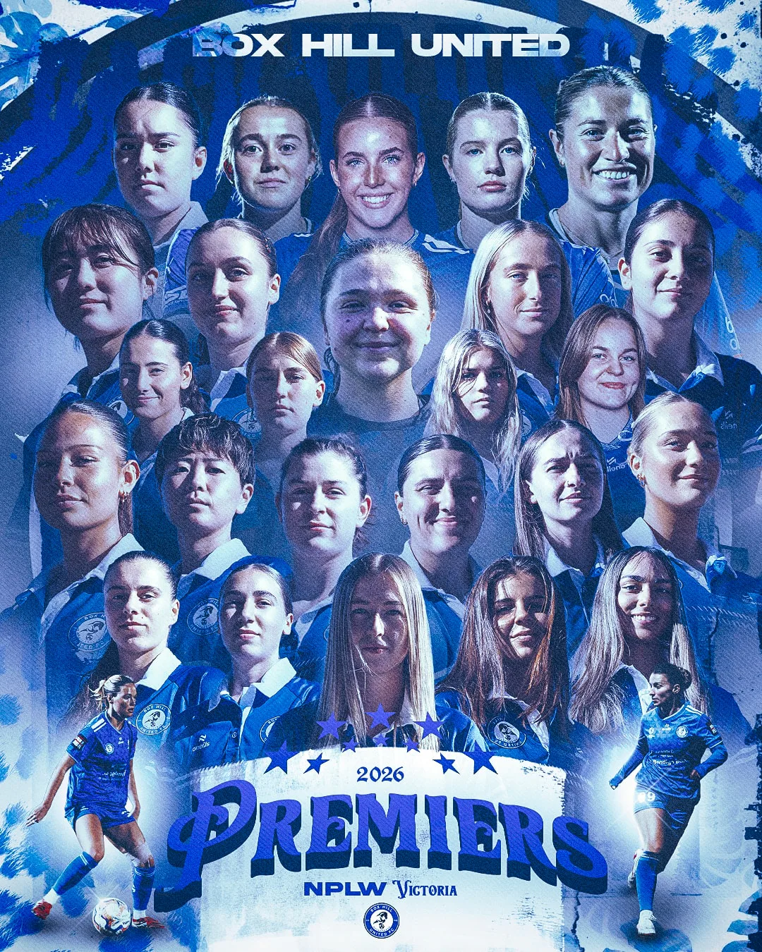 Box Hill United premiers graphic. The senior women's squad are set in rows of portraits under the words Box Hill United, with 2026 Premiers and NPLW Victoria in large type at the bottom.