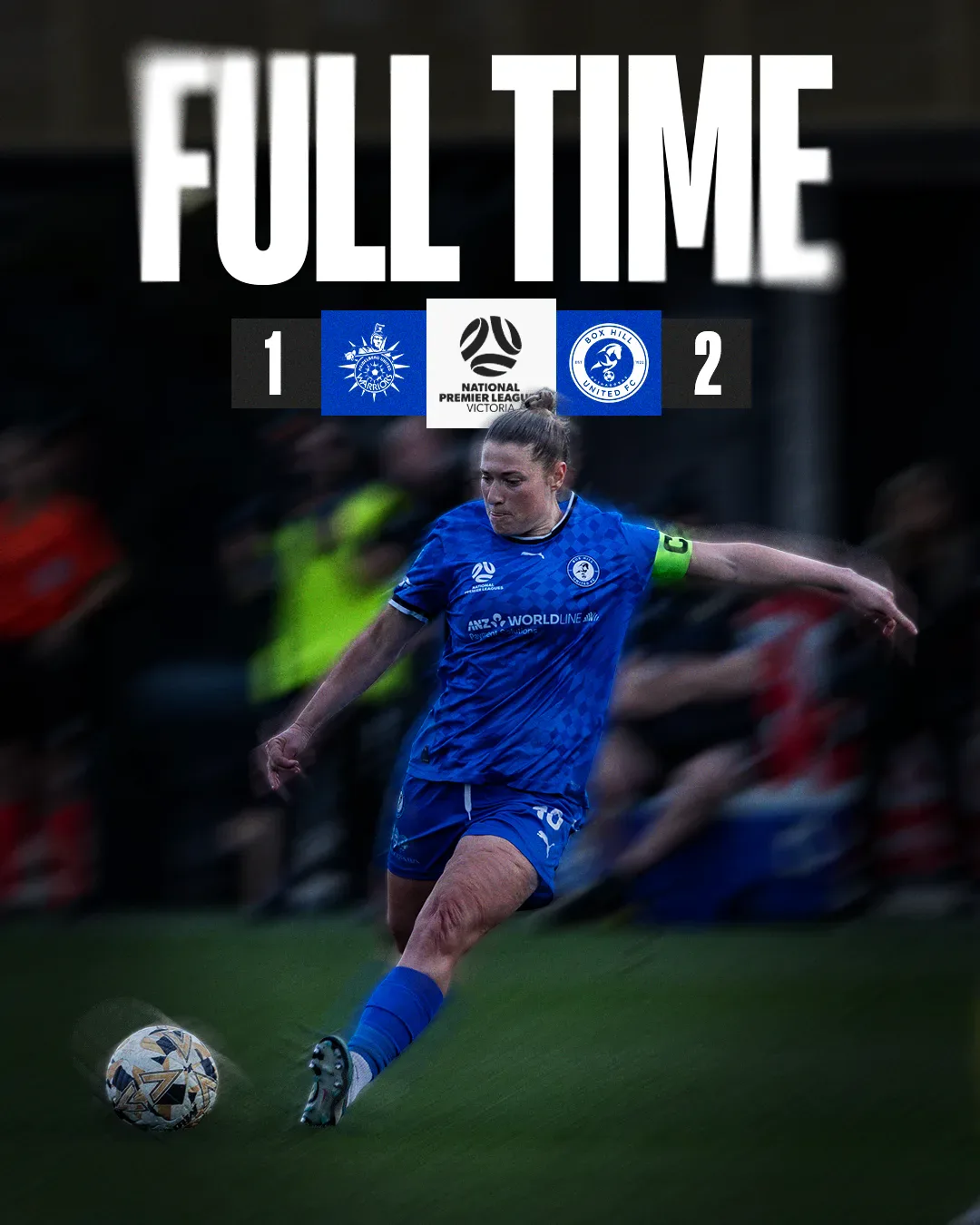 Box Hill United FULL TIME graphic for the senior women, , 2025: the score across the top and a player in blue on the ball.