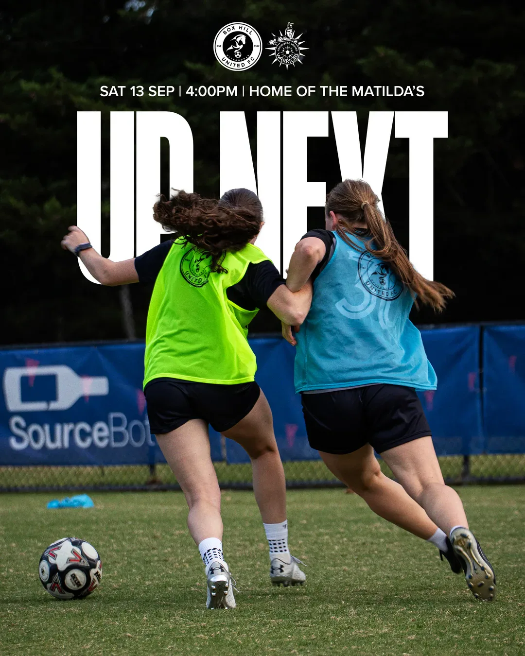 Box Hill United UP NEXT graphic for the senior women, , 2025: a player in training bib on the ball under huge type.