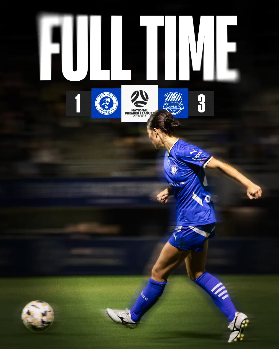 Box Hill United FULL TIME graphic for the senior women, cup round 1, 2025: the score across the top and a player in blue on the ball.