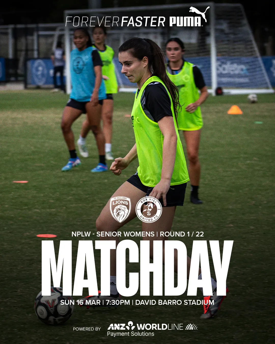 Box Hill United MATCHDAY graphic for the senior women, round one, 2025: a player in blue over the word Matchday.