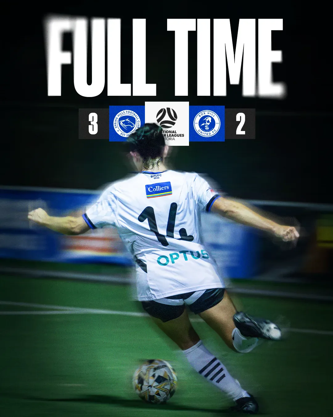 Box Hill United FULL TIME graphic for the senior women, round ten, 2025: the score across the top and a player in blue on the ball.