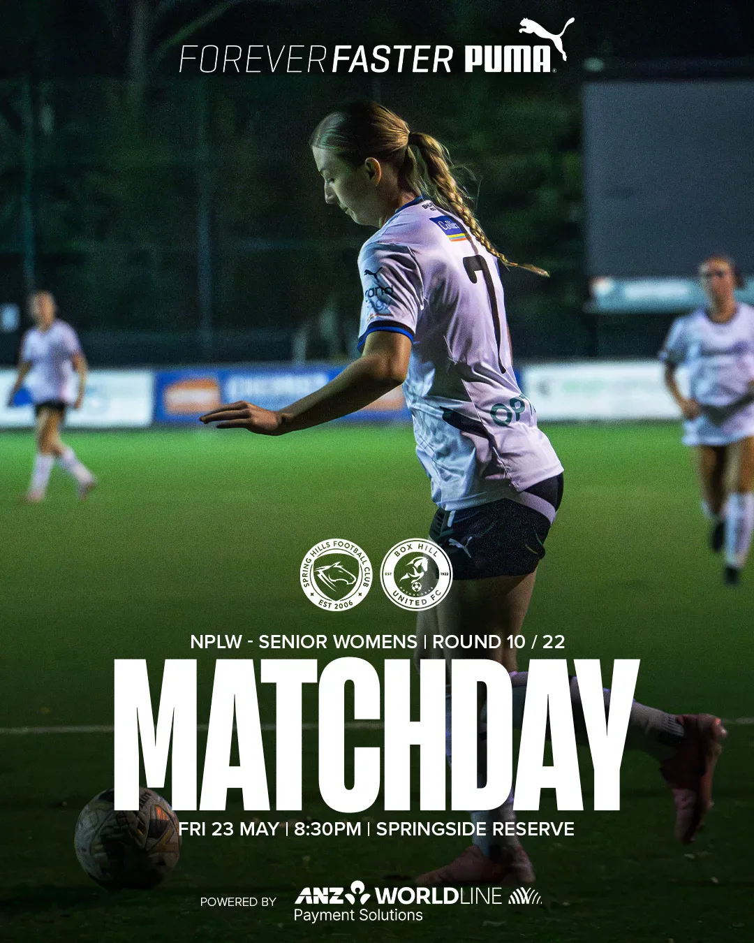 Box Hill United MATCHDAY graphic for the senior women, round ten, 2025: a player in blue over the word Matchday.